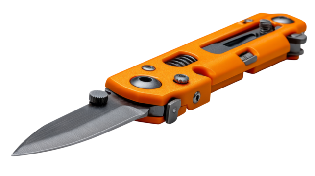 A bright orange multi-tool pocket knife is partially open, revealing its sharp steel blade and intricate mechanical components against a neutral