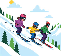 Three children in colorful ski gear skiing down a snowy mountain slope with pine trees and a bright sun in the background.