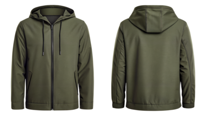 Front and back view of a green hooded jacket isolated on transparent background
