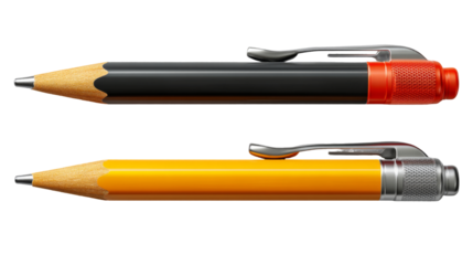 Two sharpened pencils, one black with a red end and one yellow with a silver end, lying horizontally on a neutral background.