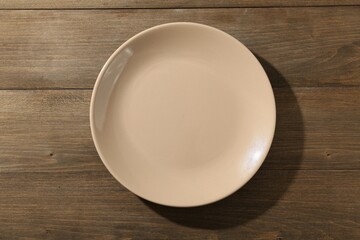 Stylish ceramic plate on wooden table, top view