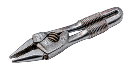 Close-up studio shot of a metallic pliers tool with serrated jaws, spring mechanism, and coiled wire grips on a white background.