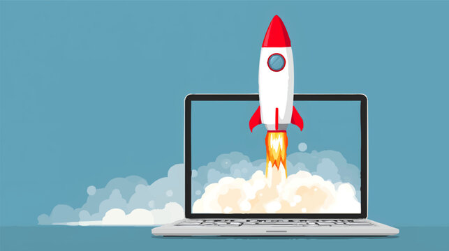 A rocket launching from a laptop screen, surrounded by clouds and sparkles, representing innovation and technology vector illustration