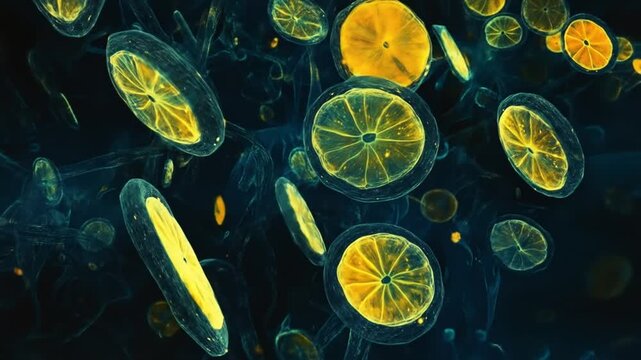 Abstract floating citrus fruit illustration with detailed yellow and blue