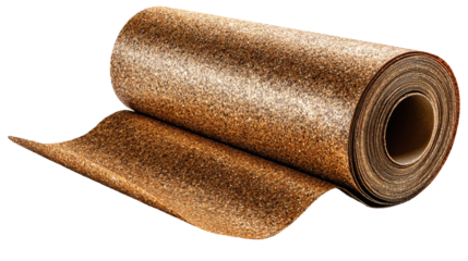 Rolled and partially unrolled sheet of speckled brown granular material on a neutral surface.