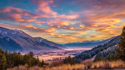 Fototapeta premium A breathtaking sunset paints the sky with warm colors as mountains loom over a peaceful valley.