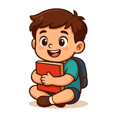 Cute Cartoon Boy Sitting Cross-Legged and Hugging Book Vector Illustratio