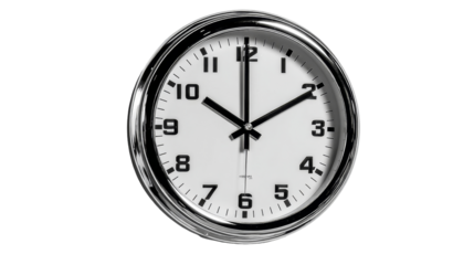 A clean and classic round analog wall clock with a white face, black numerals, and a polished chrome bezel displays the current time.