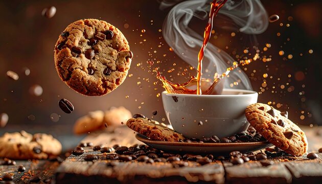 Coffee splashing into cup with cookies and beans around, artistic coffee and dessert concept.