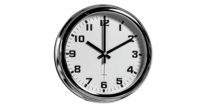 A clean and classic round analog wall clock with a white face, black numerals, and a polished chrome bezel displays the current time.