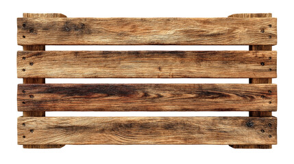 Rustic weathered wooden crate with textured natural wood grain and aged, burnt surfaces, isolated on a white background.