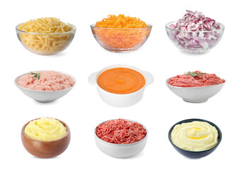 Minced, chopped and mashed food texture. Different products isolated on white, collage