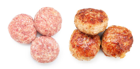 Meat patties isolated on white, collage. Raw and roasted cutlets