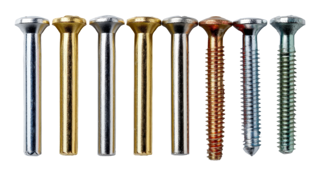 A diverse collection of metal screws and fasteners with different finishes and textures arranged in a line.