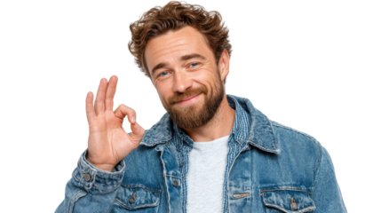 A smiling man in a denim jacket makes an OK hand gesture against a white background.