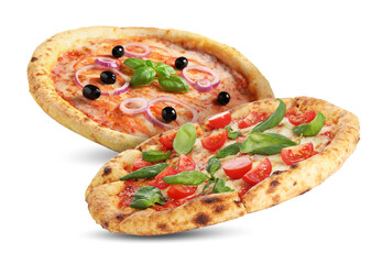 Different delicious pizzas in air on white background