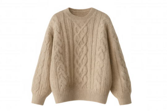 Beige cable knit wool sweater with intricate aran pattern, warm winter clothing for comfort and style, transparent background