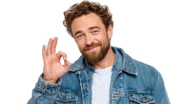 A smiling man in a denim jacket makes an OK hand gesture against a white background.
