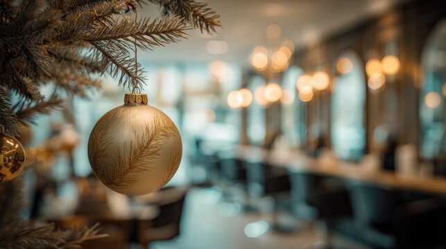 Festive holiday atmosphere in hair salon with Christmas tree and ornament decoration, blurred background