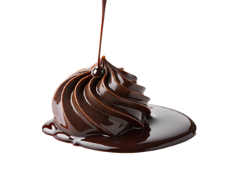 Rich dark chocolate sauce being drizzled onto a swirling soft serve ice cream isolated on transparent background