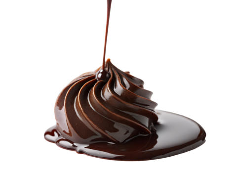 Rich dark chocolate sauce being drizzled onto a swirling soft serve ice cream isolated on transparent background
