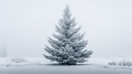 Obraz premium Isolated Spruce Tree Covered in Frost, Standing Alone in a Winter Landscape with Overcast Skies