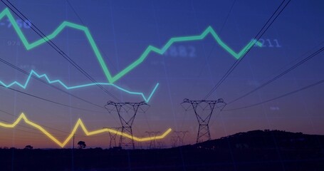 Showing central pylon carrying high-voltage lines across dusk field, overlaying neon data charts