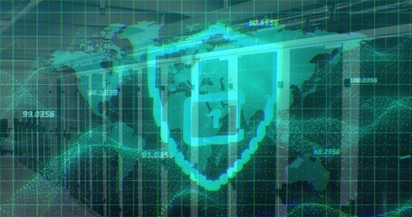 Displaying glowing shield icon with cross securing data on dashboard, world map and grid lines