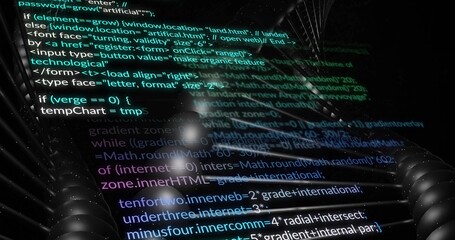 Naklejka premium Displaying JavaScript and HTML code overlay on engine wall, with metal coils and spherical lights