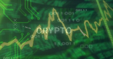 Displaying green crypto dashboard showing yellow line chart, CRYPTO text, binary digits, circuitry