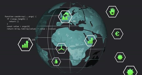 Displaying 3D globe focusing on Africa and Europe on dashboard, data icons, JavaScript code snippet © vectorfusionart