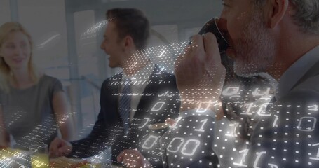 Drinking man with grey beard wearing suit holding mug in conference room, with binary code overlay