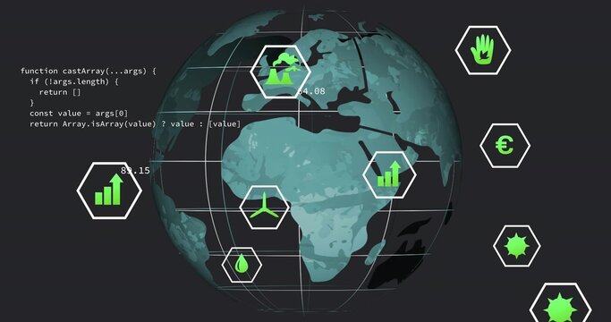 Displaying 3D globe focusing on Africa and Europe on dashboard, data icons, JavaScript code snippet