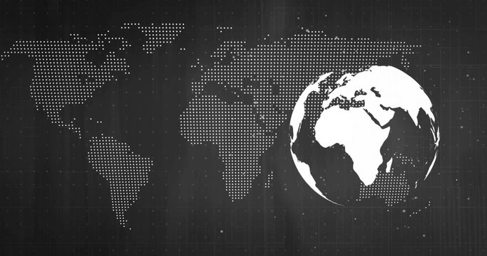 Naklejki Displaying 3D globe showing Europe and Africa over grid, with dotted map, particles, copy space