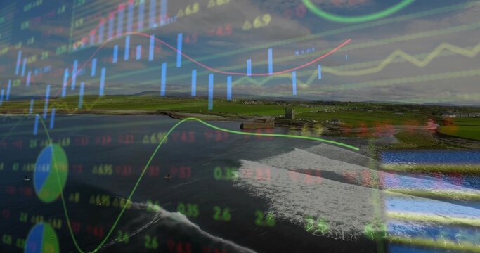 Displaying aerial coastal bay merging boat wakes, green fields and transparent candlestick overlays