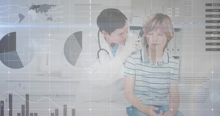 Female doctor wearing white coat examining boy with otoscope on exam table, with digital overlays