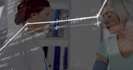 Fototapeta premium Medical professional measuring patient blood pressure in medical office, with cuff and data overlay