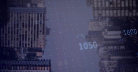 Displaying glowing digital grid overlay among skyscrapers in downtown, showing numeric indicators