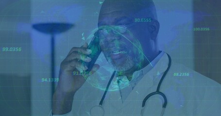 Calling senior doctor holding smartphone in office with stethoscope, floor lamp and globe overlay