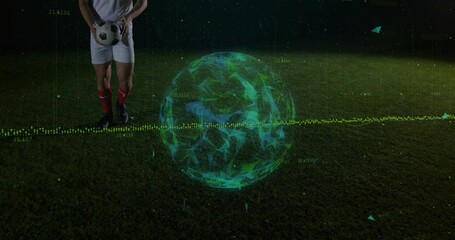 Player wearing white jersey holding ball on night pitch with AR globe, numbers overlay, copy space