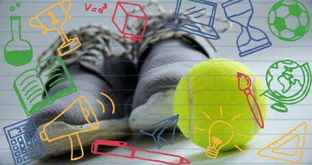 Resting black sneakers with socks at school beside yellow tennis ball with education sports doodles © vectorfusionart