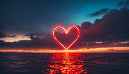 a bright red neon heart symbol of love glowing over the sea with a dramatic and cloudy sunset in the background.