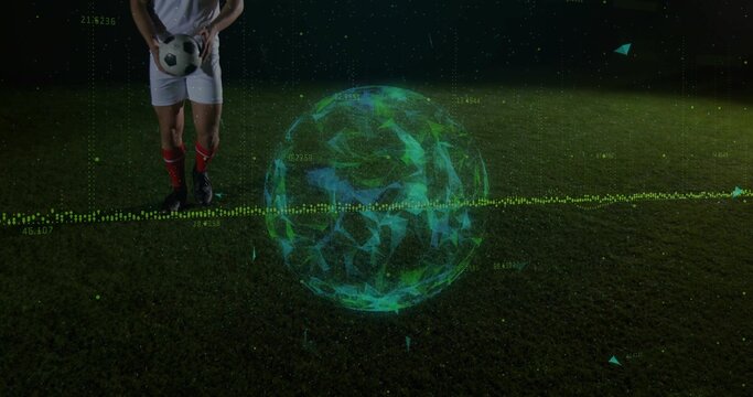 Player wearing white jersey holding ball on night pitch with AR globe, numbers overlay, copy space - Powered by Adobe