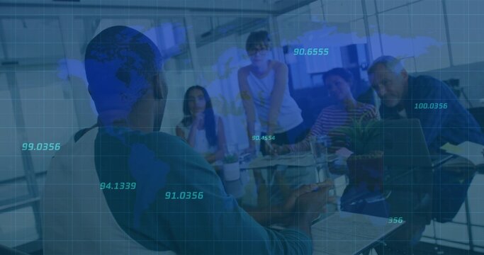 Projecting data overlay, presenter gesturing at colleagues in office with laptops, copy space - Powered by Adobe