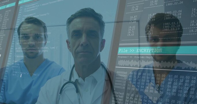 Standing white coat doctor and scrubbed colleagues studying digital encryption overlay in clinic