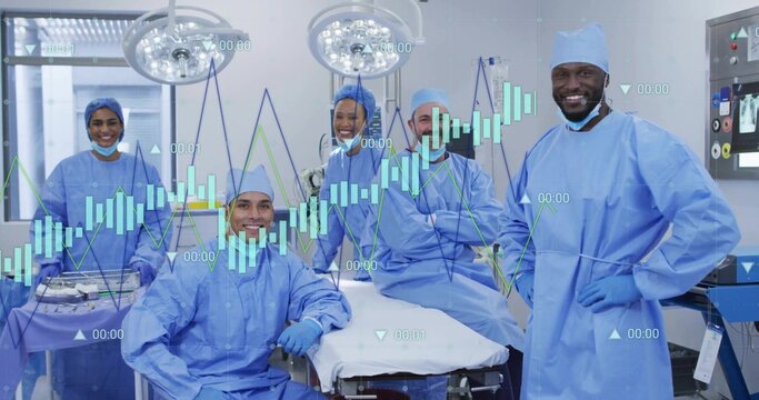 Operating surgical team performing procedure in operating room, with digital bar charts overlay