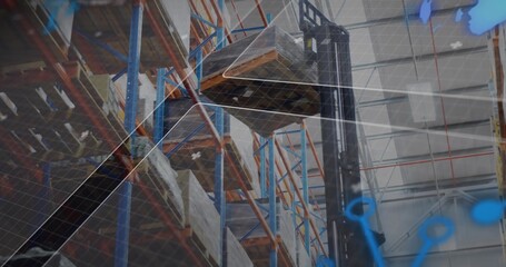 Raising forklift mast lifting wrapped pallet toward high rack in warehouse, with digital overlay