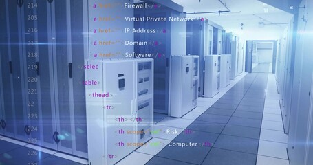 Displaying data center corridor stretching between server cabinets and racks, with code overlay