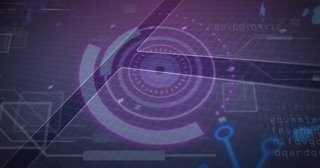 Displaying HUD over purple grid, featuring concentric rings, translucent panels, code snippets