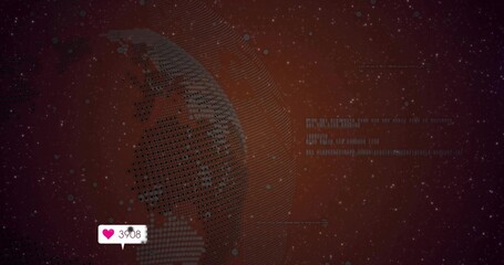 Rotating dotted globe visualizing data points on screen, with grid lines and notification icon